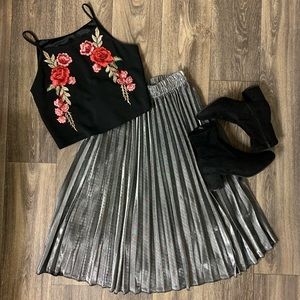 Silver Pleated Midi Skirt